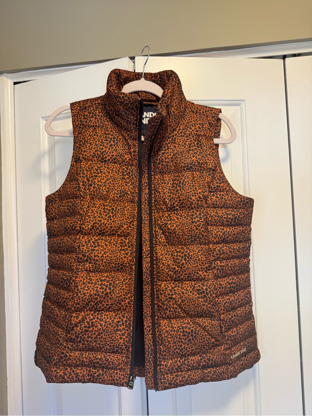 Lands' End Women's Leopard Quilted Puffer Vest - Rust/Black